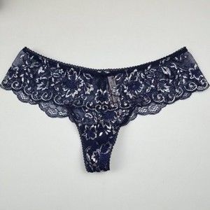 Victorias Secret Floral Lace Thong Navy Blue Silver M